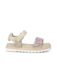 Beige sandals with a textured upper, adjustable strap, and embellished with pink and clear crystals on the band. White rubber sole with tread.
