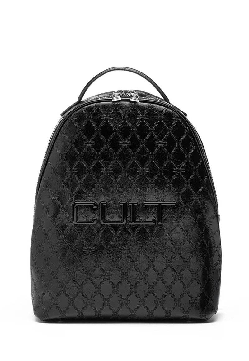 Zaino in ecopelle nera con motivo in rilievo, forma arrotondata, doppie cerniere e un logo "CULT" ben visibile nella parte anteriore.