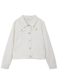 Giubbotto di denim bianco con colletto, bottoni in argento, due tasche frontali e un taglio cropped. Presenta un tessuto strutturato e un design classico.