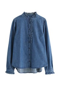Camicia in denim di blu medio con scollo arricciato, maniche lunghe e chiusura a bottone. Le maniche svasate presentano polsini elasticizzati e arricciati.