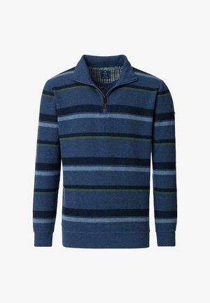 Donkerblauwe pullovertrui met horizontale strepen in lichtblauw, groen en zwart. Beschikt over een ritskraag en rib gebreide mouwen en onderkant.