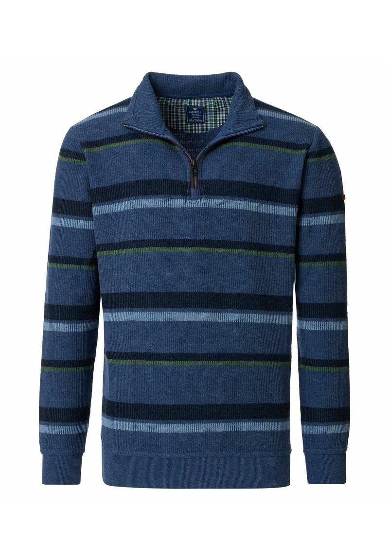 Dunkelblauer Pullover mit horizontalen Streifen in hellblau, grün und schwarz. Verfügt über einen Reißverschlusskragen sowie gerippte Bündchen und Saum.