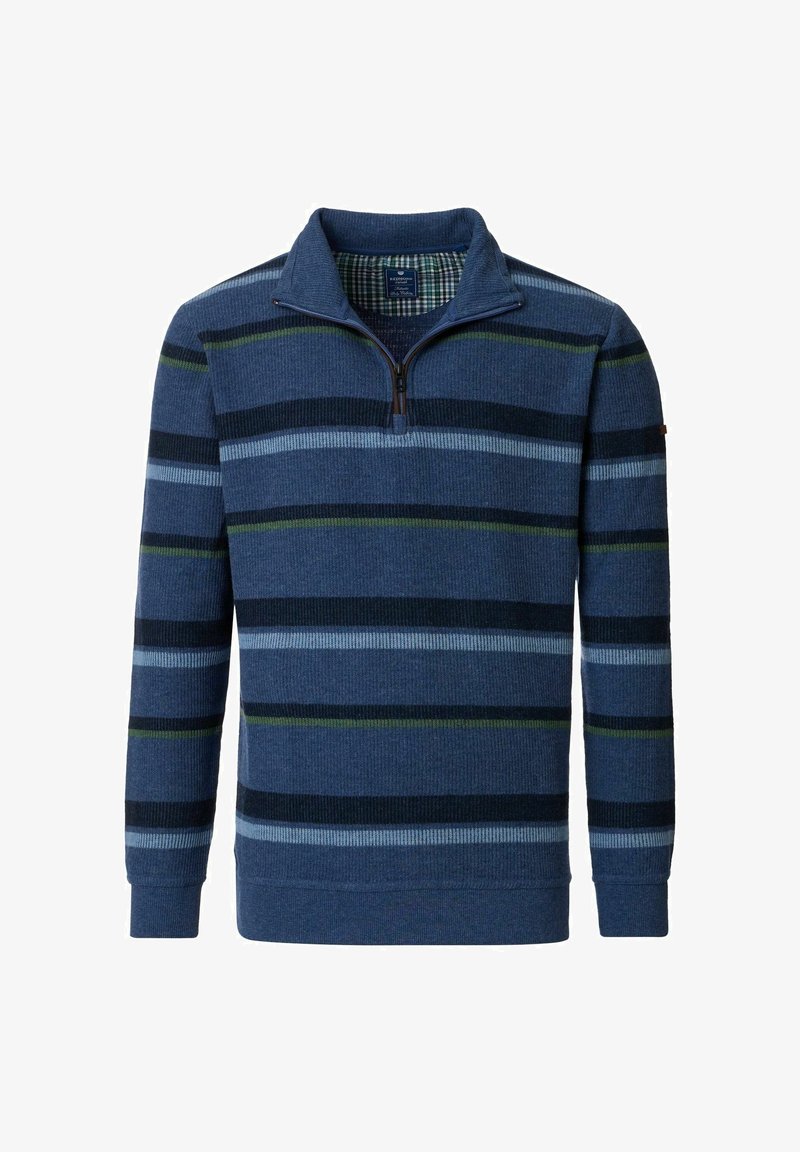 Ciemnoniebieski sweter z poziomymi paskami w jasnoniebieskim, zielonym i czarnym kolorze. Posiada zamek w kołnierzu oraz ściągacze przy mankietach i u dołu.