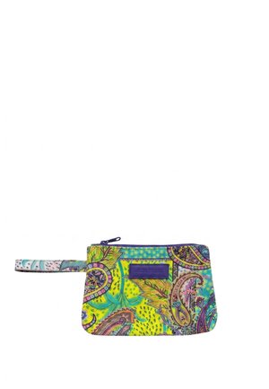 Piccola pochette da polso con motivo paisley colorato in giallo, verde, viola e blu, chiusura con cerniera e tracolla in tessuto attaccata.