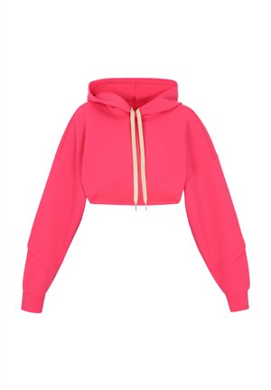 Lyhyt vaaleanpunainen huppari, joka on valmistettu pehmeästä kankaasta ja siinä on nyörillinen huppu sekä leveät hihat. Sileä pinta ja minimalistinen muotoilu.