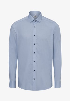 Helles blaues Langarmhemd mit geometrischem Muster, klassischem Kragen und schwarzen Knöpfen an einer geraden Leiste, mit glatter Textur.