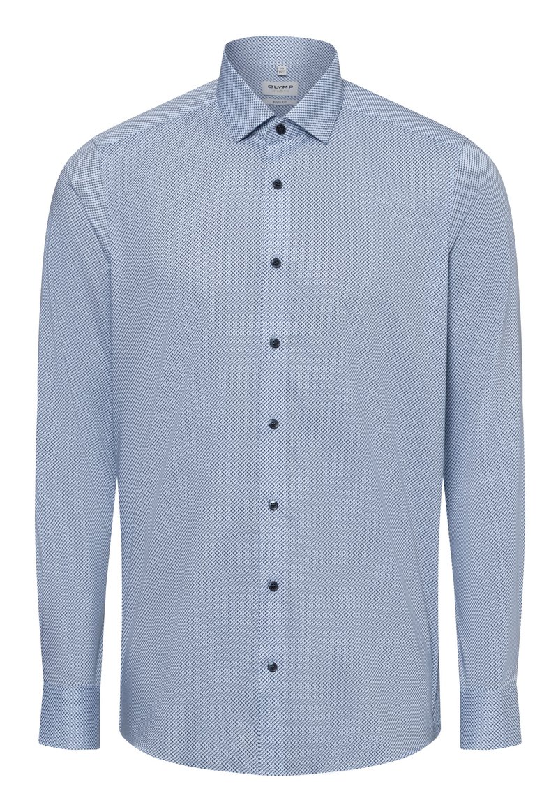 Helles blaues Langarmhemd mit geometrischem Muster, klassischem Kragen und schwarzen Knöpfen an einer geraden Leiste, mit glatter Textur.