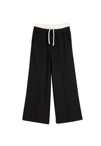 Pantalones anchos negros de tejido texturizado, con cinturilla elástica, cordón ajustable y bolsillos laterales.