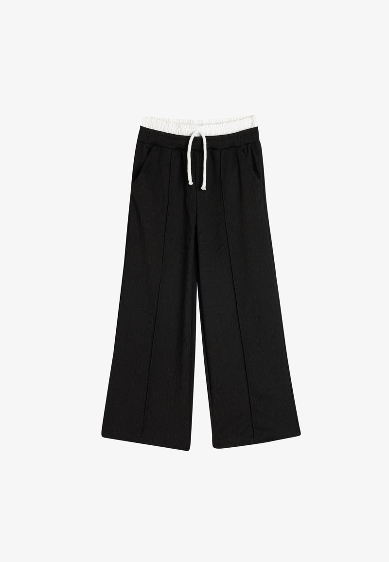 Zwarte wijde broek met een textuurstof, elastische tailleband, verstelbare koord en zijzakken.