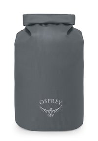 Borsa secca impermeabile grigia a rotolo con superficie texturizzata e logo Osprey bianco nella parte frontale in basso. Forma cilindrica per lo stoccaggio.