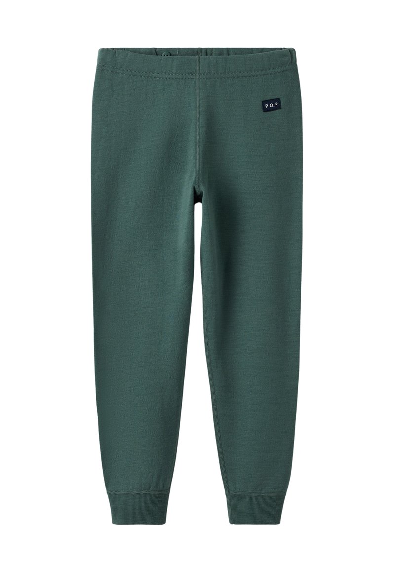 Donkergroene joggerbroeken voor kinderen met een elastische tailleband, rib gebreide manchetten en een klein "P.O.P" logo-embleem aan de bovenste linkerzijde.
