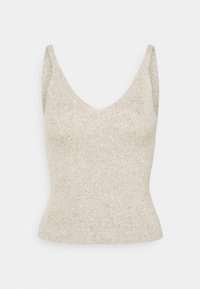 Débardeur en maille côtelée beige avec un décolleté en V et des bretelles larges, présentant une silhouette ajustée et une texture subtile.