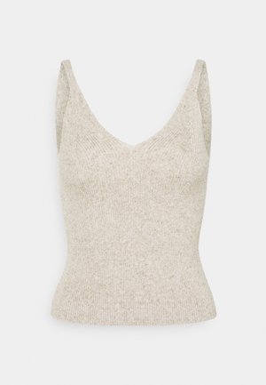 Beige ribbed knit tank top with a V-neckline and wide straps, featuring a fitted silhouette and a subtle texture.