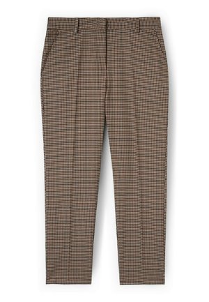 Brązowe i beżowe spodnie w kratę o dopasowanym kroju, z przednimi kieszeniami i szlufkami na pasek. Wykonane z fakturowanej tkaniny, z płaskim przodem.