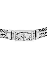 Silverfärgad vävd armband med ett rektangulärt lås som är graverat med "COCONUT SOCIETY" och en palmmotiv. Texturerade länkar.