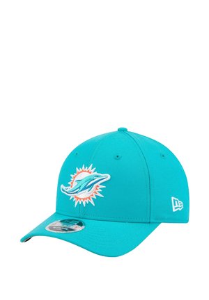 Turquoise baseball cap with a Miami Dolphins logo; features a curved brim and embroidered detailing; made of fabric with a smooth texture.