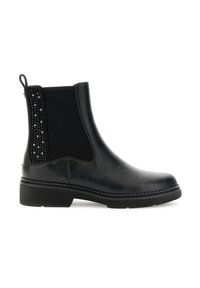 Stivale alla caviglia in pelle nera con pannello elastico laterale, strass neri decorativi sul tallone, linguetta e suola con tacco basso.