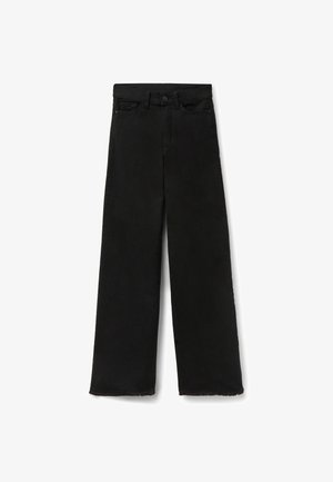 Černé džíny s širokými nohavicemi z denimu, s vysokým pasem, zapínáním na knoflíky, předními kapsami a neopracovanými detaily na lemech nohavic.