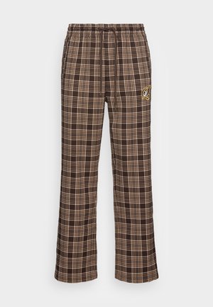 Braune karierte Hose mit entspannter Passform, elastischem Taillenbund mit Kordelzug und gesticktem Logo in Gold auf der Vorderseite.