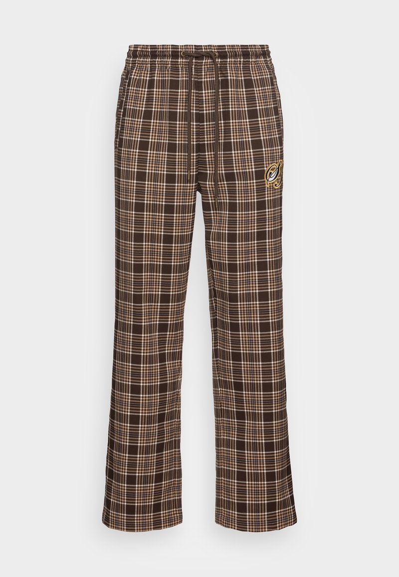 Pantalons à carreaux bruns avec une coupe décontractée, taille élastique avec cordon de serrage et logo brodé doré à l'avant.