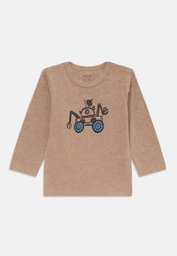 Beige long-sleeve shirt featuring a playful graphic of a cartoon robot with wheels and claws, accented by a small green character on top.