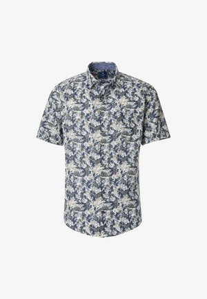 Kortærmet skjorte med knaplukning, der har et blomstermønster i marineblå og creme med grønne detaljer; stoffet ser let og åndbart ud.