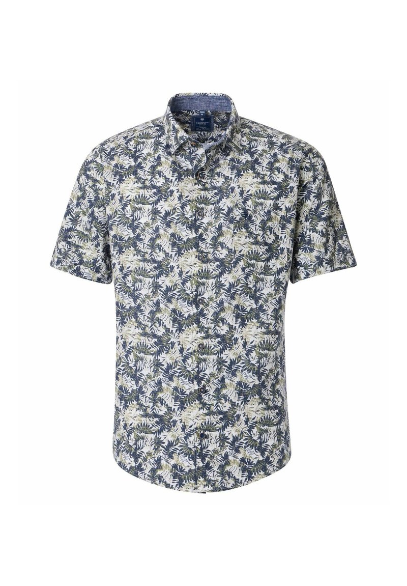 Kortekleurige overhemd met knoopjes, met een bloemenpatroon in marineblauw en roomwit met groene accenten; de stof lijkt lichtgewicht en ademend te zijn.