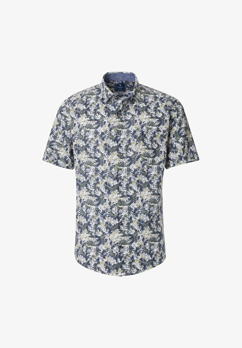 Koszula z krótkim rękawem zapinana na guziki z kwiatowym wzorem w kolorze granatowym i kremowym z zielonymi akcentami; materiał wydaje się lekki i przewiewny.