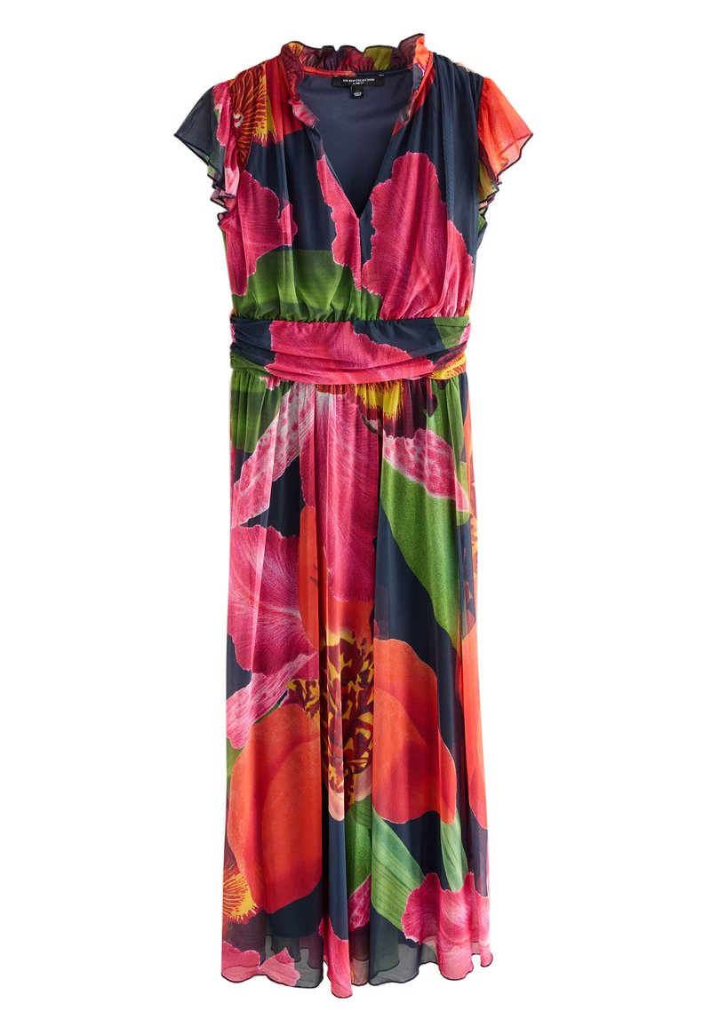 Mehrfarbiges Maxikleid mit Blumenmuster, kurzen Volantärmeln, tailliertem Schnitt und fließendem Rock; zeigt kräftige Muster in Pink, Rot, Grün und Marineblau.