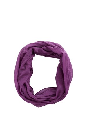 Fialový nekonečný šál, vyrobený z ľahkej, textúrovanej látky, s pretkaným dizajnom bez viditeľných kovových častí alebo ozdôb.