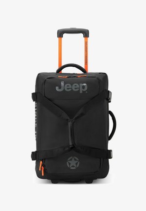 Schwarzer Rollkoffer mit orangefarbenem Teleskopgriff, Jeep-Logo, Sternemblem, verstellbaren Riemen und orangefarbenen Reisverschlüssen.