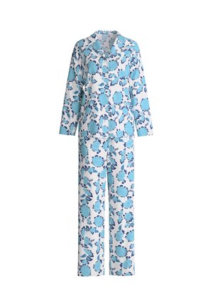Bloemenpyjamaset met een witte basis en blauwe en marineblauwe bloemmotieven, lange mouwen en een top met kraag. Zachte stof met een ontspannen pasvorm.