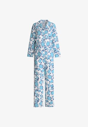 Florales Pyjama-Set mit weißem Untergrund und blauen sowie marineblauen Blumenmustern, langärmlig und mit Kragen. Weicher Stoff mit lockerem Schnitt.