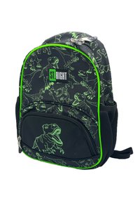 Schwarzer Rucksack mit neongrünen Dinosauriergrafiken. Enthält eine Frontreißverschlusstasche und Netz-Seitentaschen. Gepolsterte Schulterriemen.