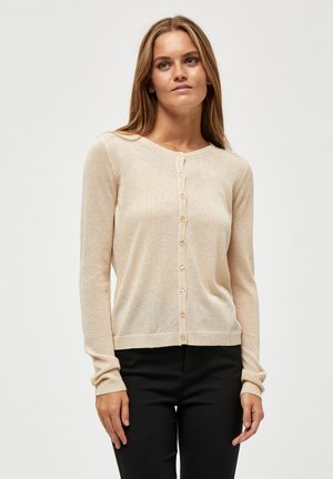 Light beige cardigan with a soft texture, button front, round neckline, and long sleeves, featuring ribbed cuffs and hem.