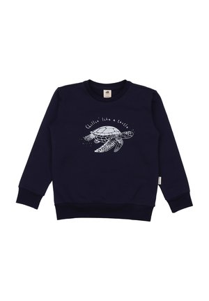 Navy sweatshirt with long sleeves featuring a white illustration of a turtle and the text "Chillin' like a turtle" across the chest.