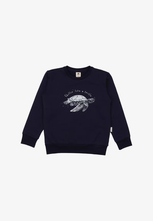 Navy sweatshirt with long sleeves featuring a white illustration of a turtle and the text "Chillin' like a turtle" across the chest.