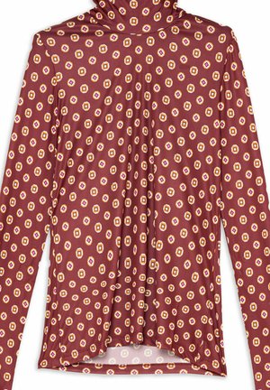 Haut à col roulé manches longues en bordeaux avec un motif géométrique agrémenté d'accents jaunes et roses. Tissu lisse et extensible avec une coupe ajustée.