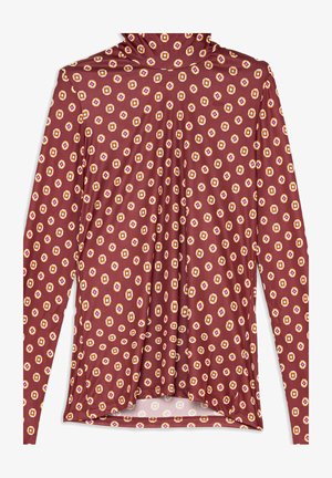 Haut à col roulé manches longues en bordeaux avec un motif géométrique agrémenté d'accents jaunes et roses. Tissu lisse et extensible avec une coupe ajustée.