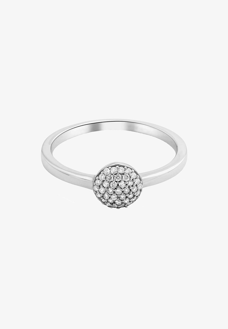 Silver ring with a smooth band and a circular top featuring a cluster of small, round clear stones in a pavé setting.