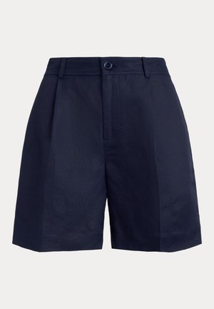 Σκούρο μπλε σορτς με κουμπί μπροστά, θηλιές για ζώνη και εφαρμοστή, δομημένη γραμμή.