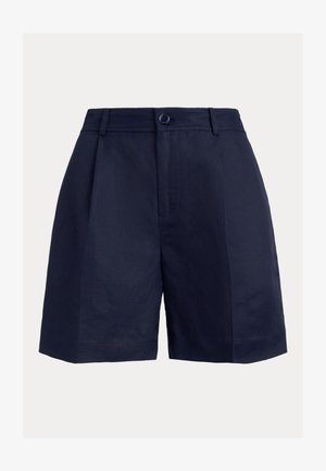 Mornarski plave krojene kratke hlače s prednjim gumbom, petljama za remen i strukturiranim krojem.