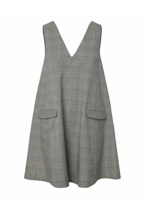 Ærmeløs A-formet kjole med dyb V-hals, gråt ternet mønster og to klaplommer foran.