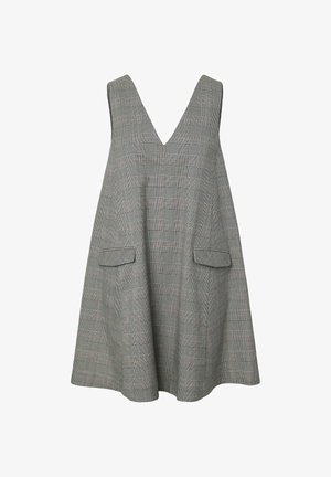 Ærmeløs A-formet kjole med dyb V-hals, gråt ternet mønster og to klaplommer foran.