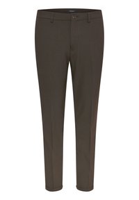 Mörkbruna byxor i slät tyg, med slim fit, bälteshällor, en enkel knappstängning och uppvikta mudd vid fållen.