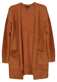 Brun fluffig cardigan med en mjuk textur, öppen front, långa ärmar och två framfickor. Etiketten säger "NEW LOOK."