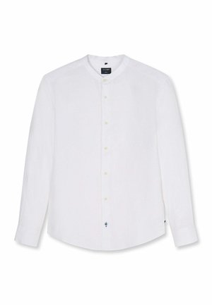 Weißes Herrenhemd mit langen Ärmeln, Stehkragen und durchgehender Knopfleiste, mit schmaler Passform und feiner Textur.