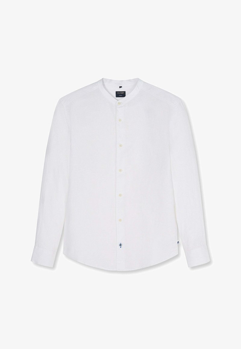 Chemise blanche pour homme à manches longues avec col mandarin et fermeture à boutons sur le devant, dotée d'une coupe ajustée et d'une texture subtile.