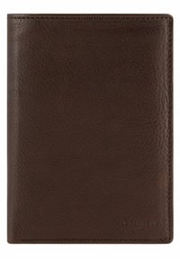 Brown leather wallet with a smooth texture, bi-fold design, and subtle stitching. Features embossed brand logo on the bottom right corner.