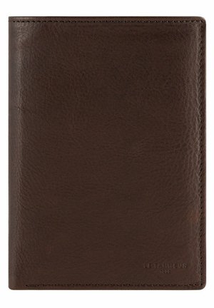 Brauner Leder-Geldbeutel mit glatter Textur, im Bi-Fold-Design und dezenten Nähten. Mit dem eingeprägten Markenlogo in der unteren rechten Ecke.